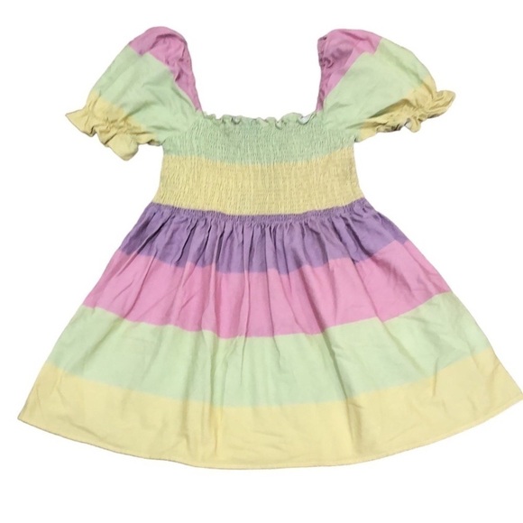 Olivia Rubin Emilie Dress Size US 8 Yellow Pastel Stripe Bubble Sleeve Mini - Picture 1 of 9